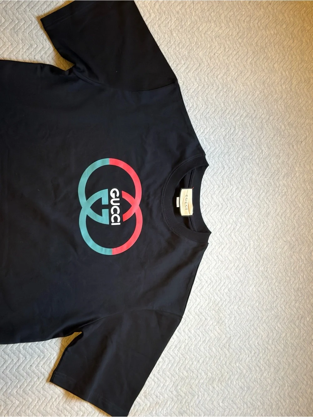 Gucci Black Tee with Red and Teal Interlocking Gs